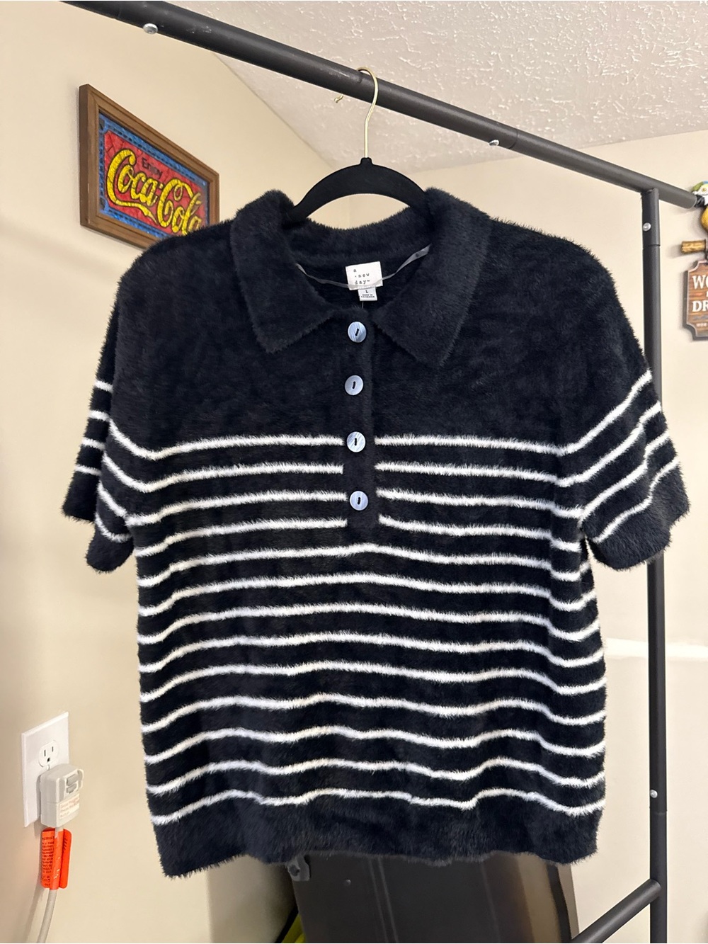 a new day Black and White Fuzzy Striped Polo Sweater